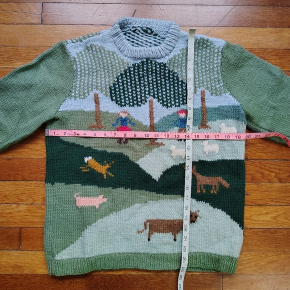 90s Vintage Handmade Wool Sweater Garden Farm Scene Handknit Medium Large - Picture 7 of 7